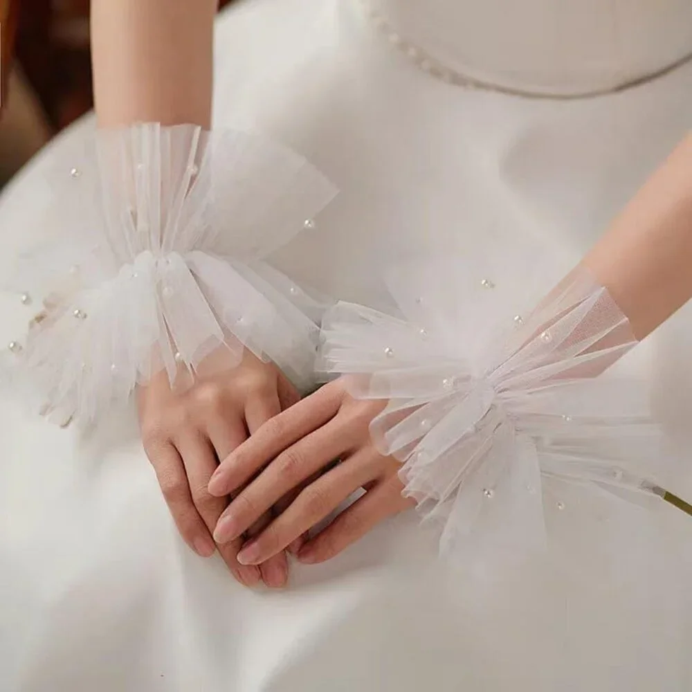 Women's Fingerless White Pearl Tulle Short Lace Gloves Wedding Party Prom